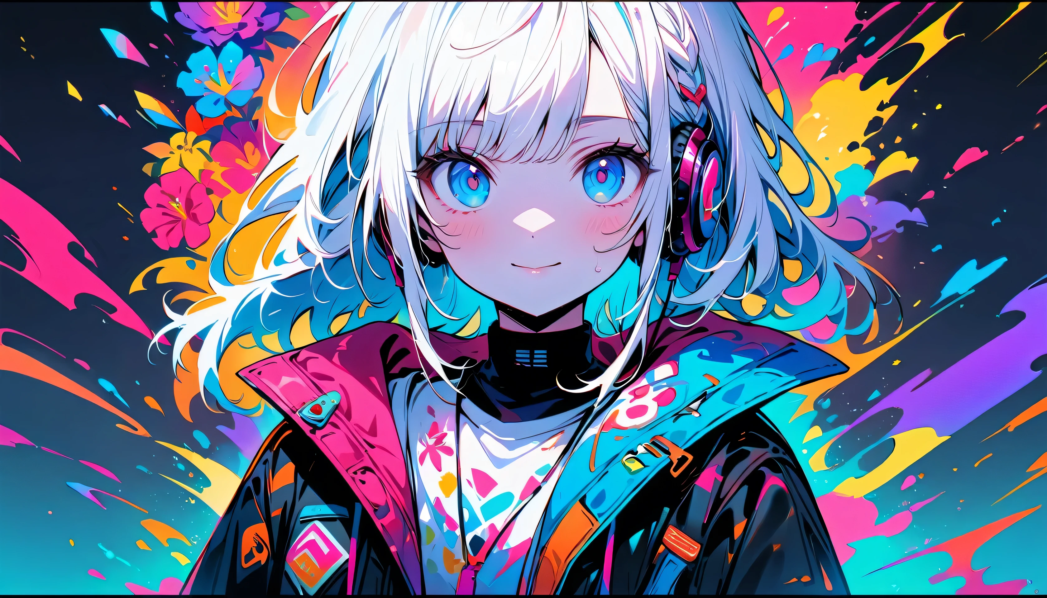 (masterpiece:1.3), (8k、Highest quality:1.4), (1 girl), (alone), (cute, a bit:1.5), (very cute face:1.5), (Symmetrical perfect face), Create digital artworks in the pop art style、It features a girl with short white hair and detailed design.、White skin and beautiful appearance、Short white hair、Blue eyes、Wet Hair、(( Girl、))Street fashion、Color scheme of the movie、Surrounded by vintage floral motifs、Vivid brushwork、Emotions must be dynamic、Upper Body、drawing、shape、grayscale、tropical、(Headphones)