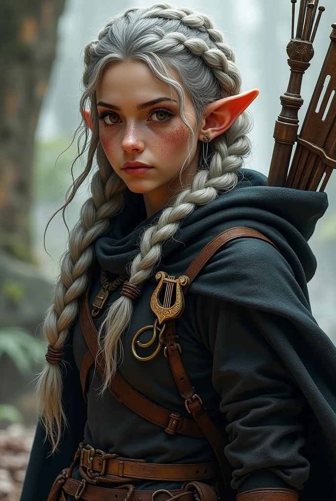 A female halfling whose braided hair is white and black. She is wearing dark leather armor with a black cloak. Her eyes are brown. There is a little dirt on her cheek and forehead. She is middle aged. Her ears are small and rounded. There is a broach on her cloak with a harp symbol in the middle. A bow is on her back. 