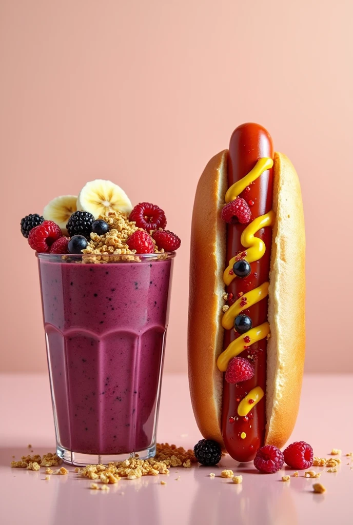 Realistic acai bowl and hot dog