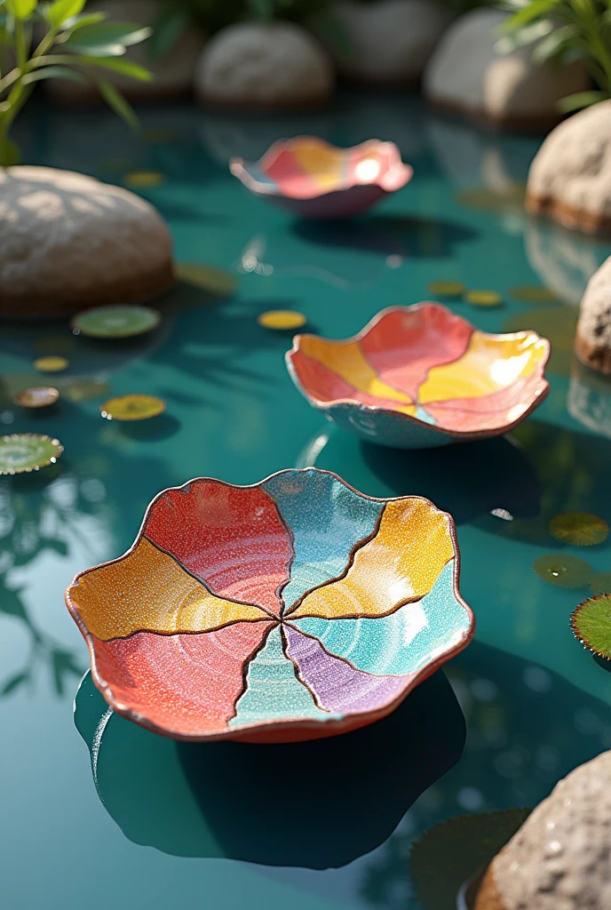 ceramic art works, layers of random colors, complex and random shapes, shiny, floating on the water, pebbles, water plants, shadows, contrast, conceptual installation art, (ultra detailed, absolutely resolution, best quality:1.3), 2.5D, delicate and dynamic, lighting effects, artistic photography, hyper realistic, graphic CG digital art