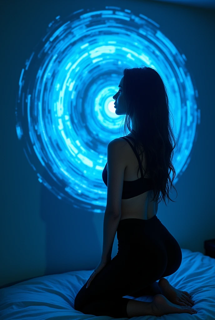 A beautiful woman, sexy butt, black legging, tank top, kneeling while staring at the wall, the wall he was looking at gave off a blue spiral, in the bedroom, when she saw the wall her eyes became blue spirals, she looked at the wall more closely