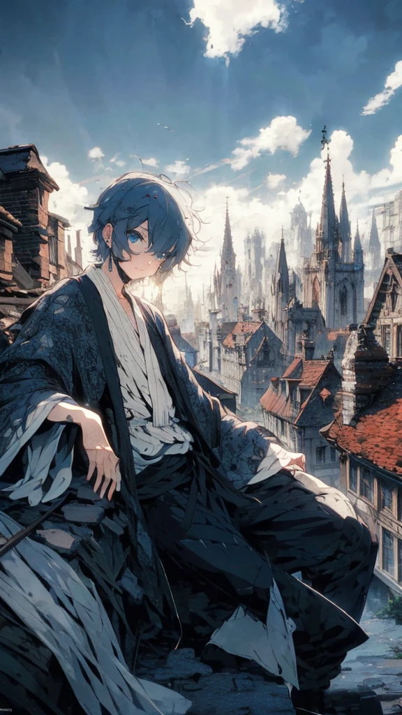Gojo with blue eyes, white hair and a flowing robe sits on the crumbling roof. gothic houses below, capturing the intricate details of their architecture. The scene is a testament to the power of art to preserve beauty, ((Best quality)), ((masterpiece)), (detailed:1.4), fighting (High Dynamic Range), Super-Resolution, ,Subsurface scattering, PBR Texturing, Post-processing,Anisotropic Filtering, Depth-of-field, Maximum clarity and sharpness, Multi-layered textures, Albedo and Specular maps, Surface shading, Accurate simulation of light-material interaction, Perfect proportions, Octane Render, Two-tone lighting, Wide aperture,Low ISO, White balance, Rule of thirds