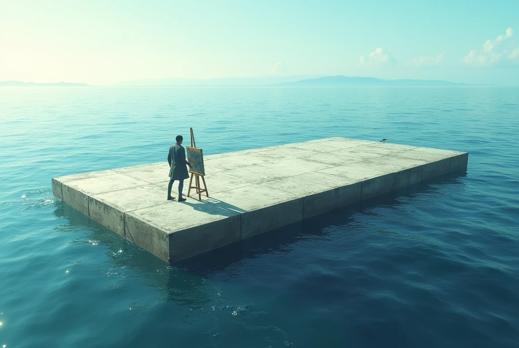 A large rectangular raft floating on sea water, diagonal view. About her, two men, some lumps, a painting easel