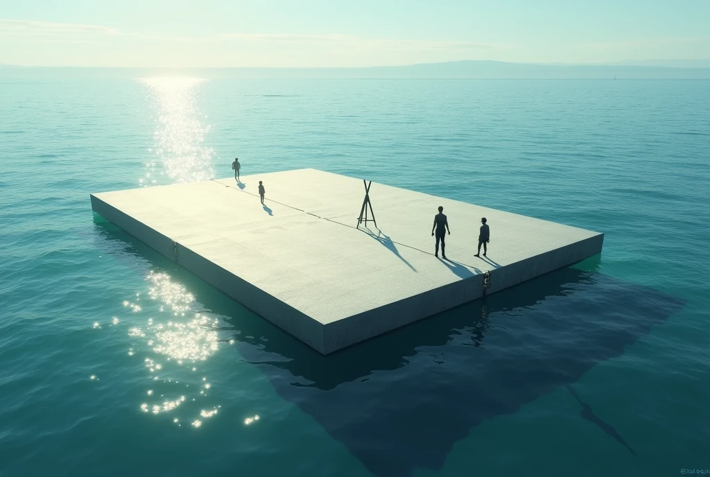 A large rectangular raft floating on sea water, diagonal view. About her, two men, some lumps, a painting easel