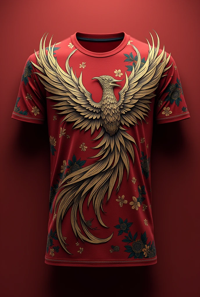 an image of a t-shirt from the front and back with wine red as its base colors, light brown, black and gold and that they are interspersed as if they were the feathers of a phoenix between the sweater
