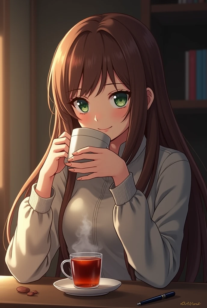 Monika from Doki doki literature club drinking black tea