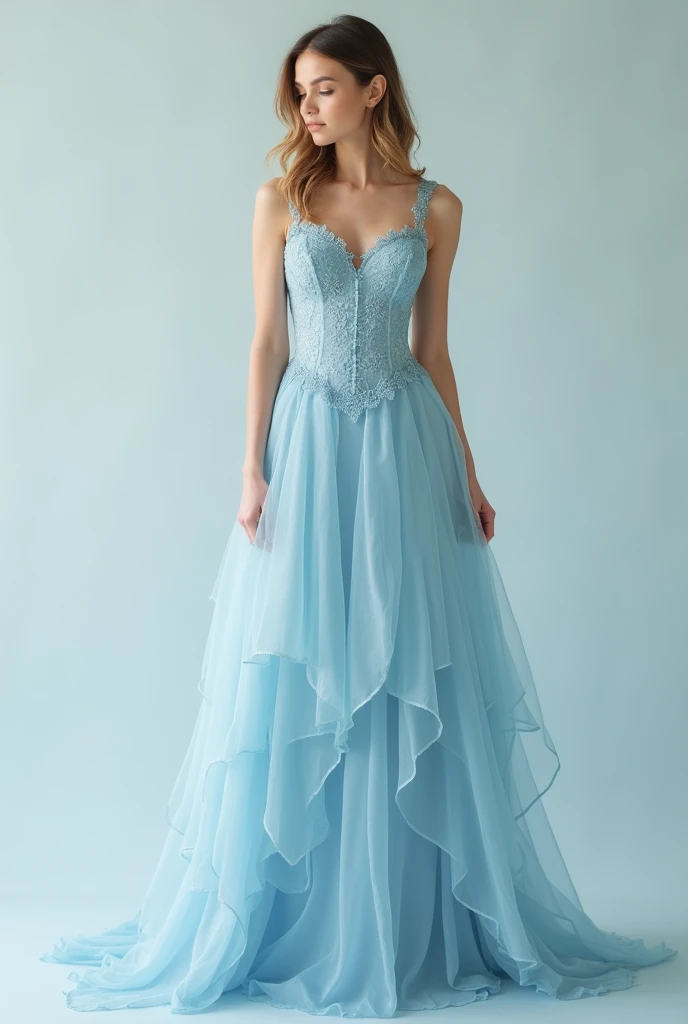 A short/mediuem large pastel blue dress with a sweetheart neckline and a lace corset that ends in a slight V-shape. The bottom of the dress has asymmetrical cuts of chiffon that extend beyond the length of the dress, resembling strips. The dress is elegant and whimsical.