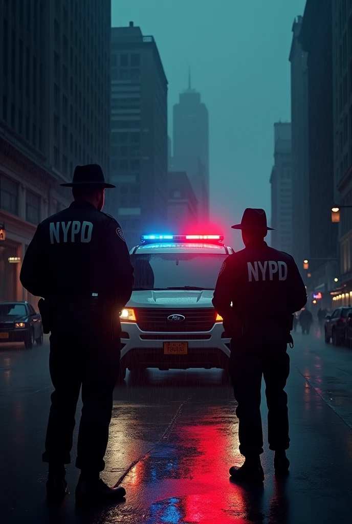 a police vehicle stopped on the street, nypd, frightening image at night, realistic, 8k, dark moody lighting, dramatic contrast, police officers standing guard, flashing red and blue lights, gritty urban environment, rain or fog, ominous clouds, cinematic composition, photorealistic, ultra-detailed, masterpiece