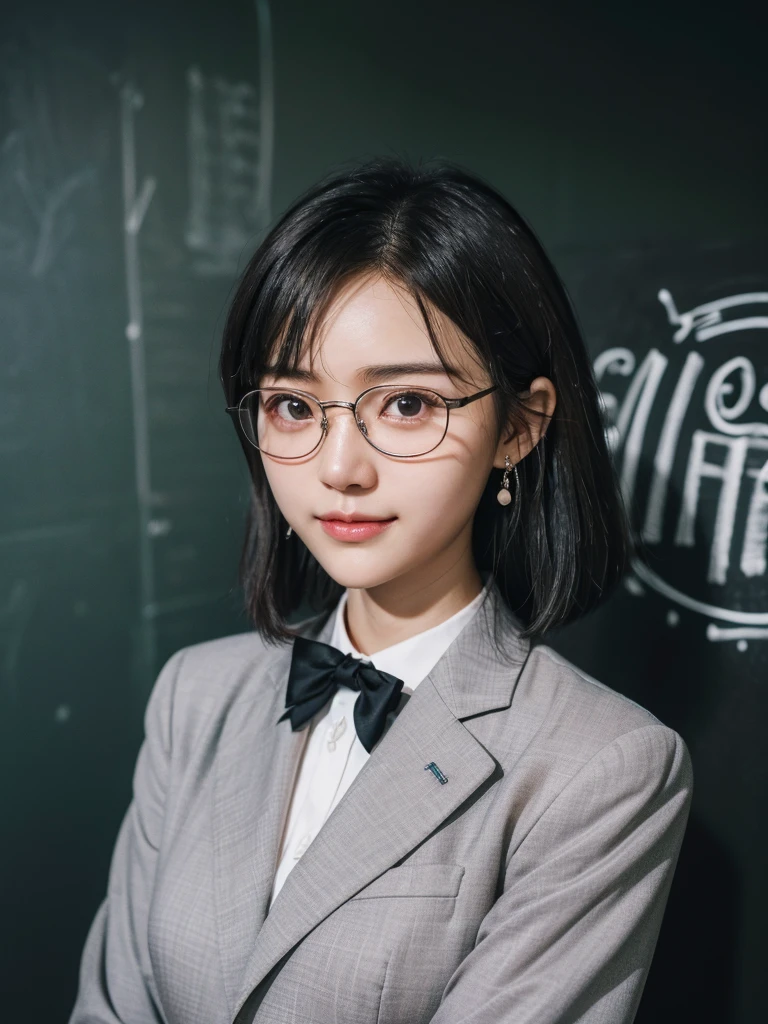(2 Japanese girl,), (Small breasts:1.5,),(One girl,Textured skin, Detailed skin,Detailed face,Detailed eyes,detailed posing,Natural eyebrows,Perfect limbs,High detail, Highest quality, Super detailed, Surrealism, ,8k,RAW Photos,Photographicism,Professional Lighting,Portrait Photography,),((Black Hair, Dark Eyes,Natural Makeup,Simple earrings,Bob Hair, happiness/joy, )),(((female teacher,Glasses,Standing with a blackboard in the background,In a suit)))