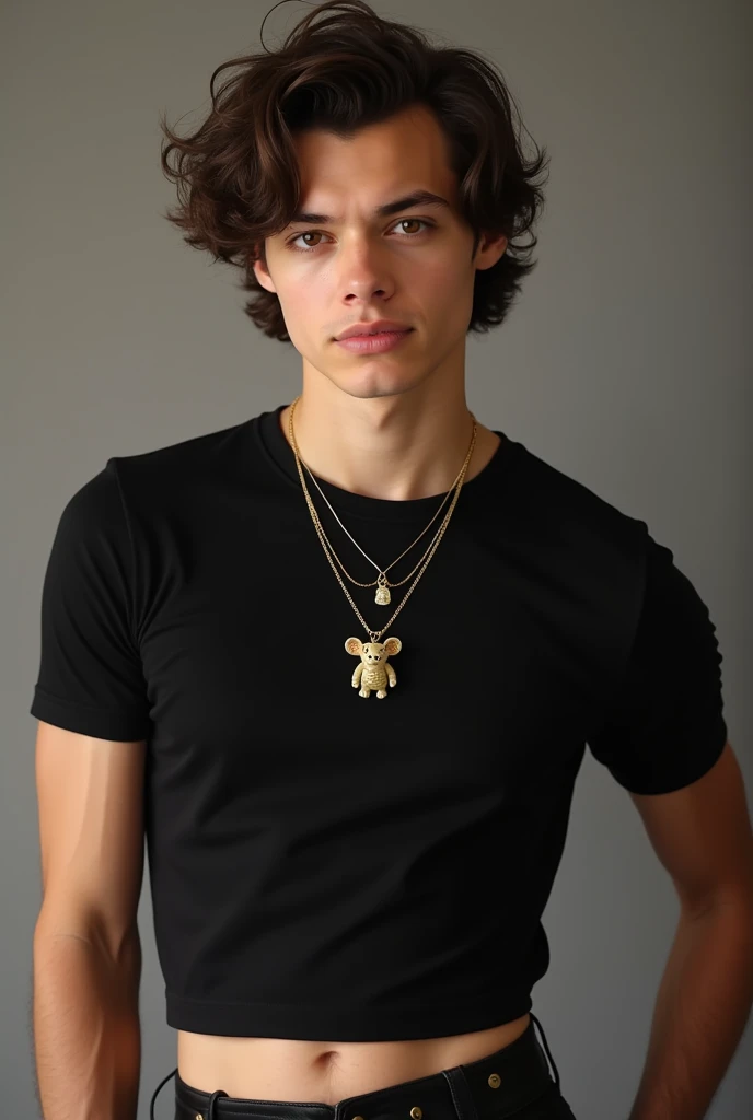Harry, Styles, British, 20 age, Dark brown short curly Hair, Black t-shirt, showing abs, short dark skirt, neckless mushu