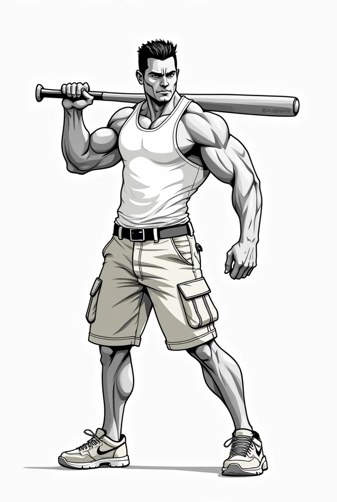 A man standing, holding a baseball bat, he is a little muscular, wears a tank top, sleeveless shirt. Usa um short cargo
e um tenis streetweat simples. The drawing should have a sketch appearance and vector style..