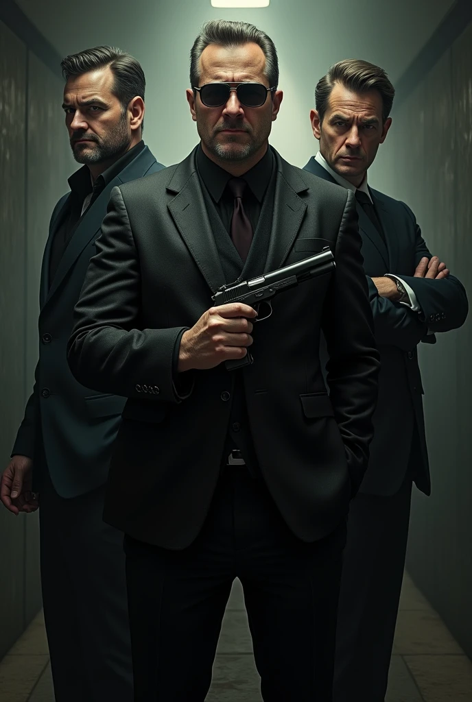 Create a group of three men, The first man has a smile and an evil look, The one in the middle has a gun in his hand and a serious face., The last man also has a serious face, His arms are also crossed