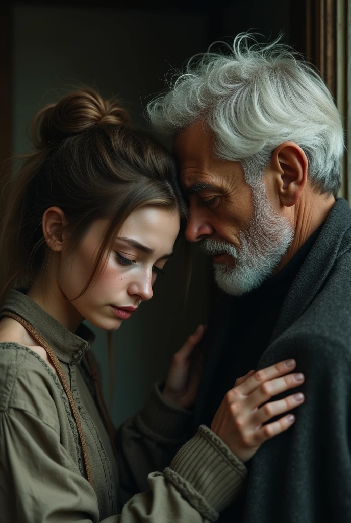 Teenage girl hugging her deceased grandfather 