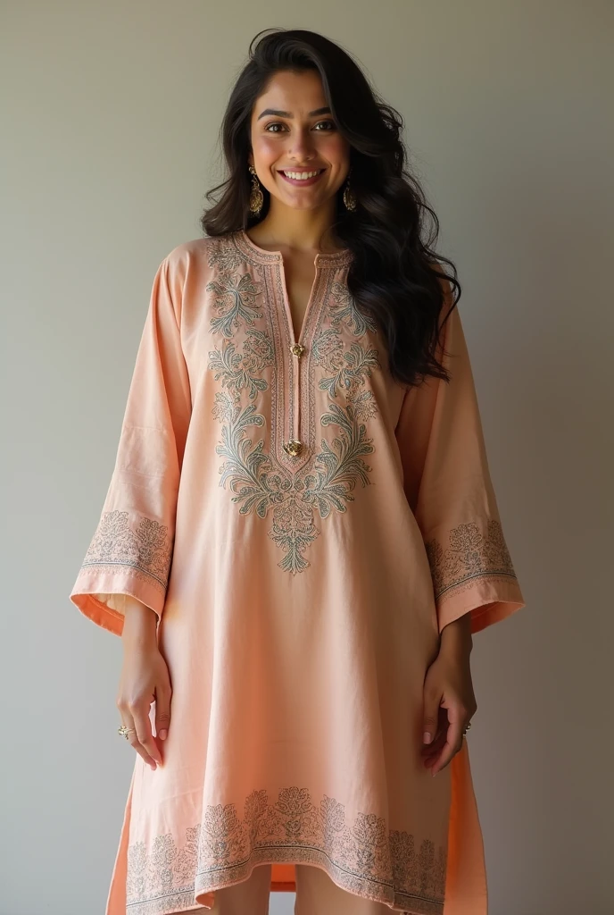 A Pakistani girl. Cute and beautiful. Heavy body shape. Fat girl. Real face. Wearing punjabi style kurti.High Resolution, fat woman. Full picture. Big boobs girl.