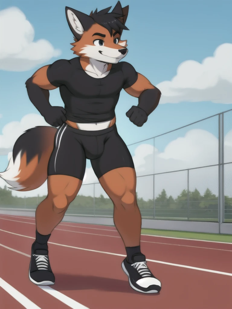 Furry, fox, male, black shirt, black spandex bike shorts, shoes, running track, solo, full body