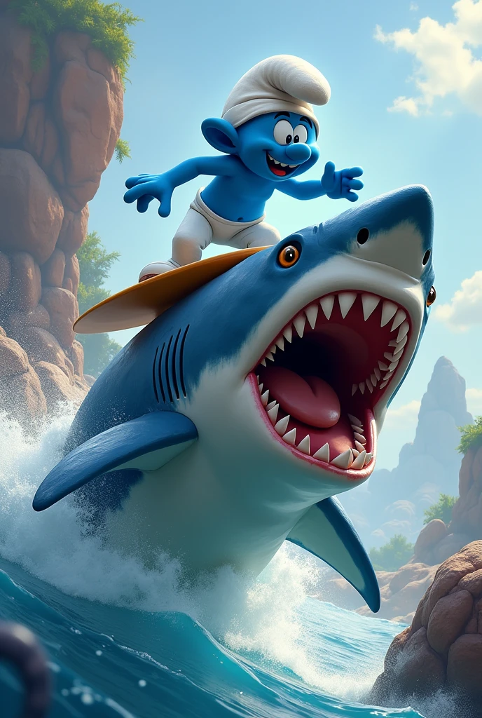 a smurf surfing on top of a less realistic shark 