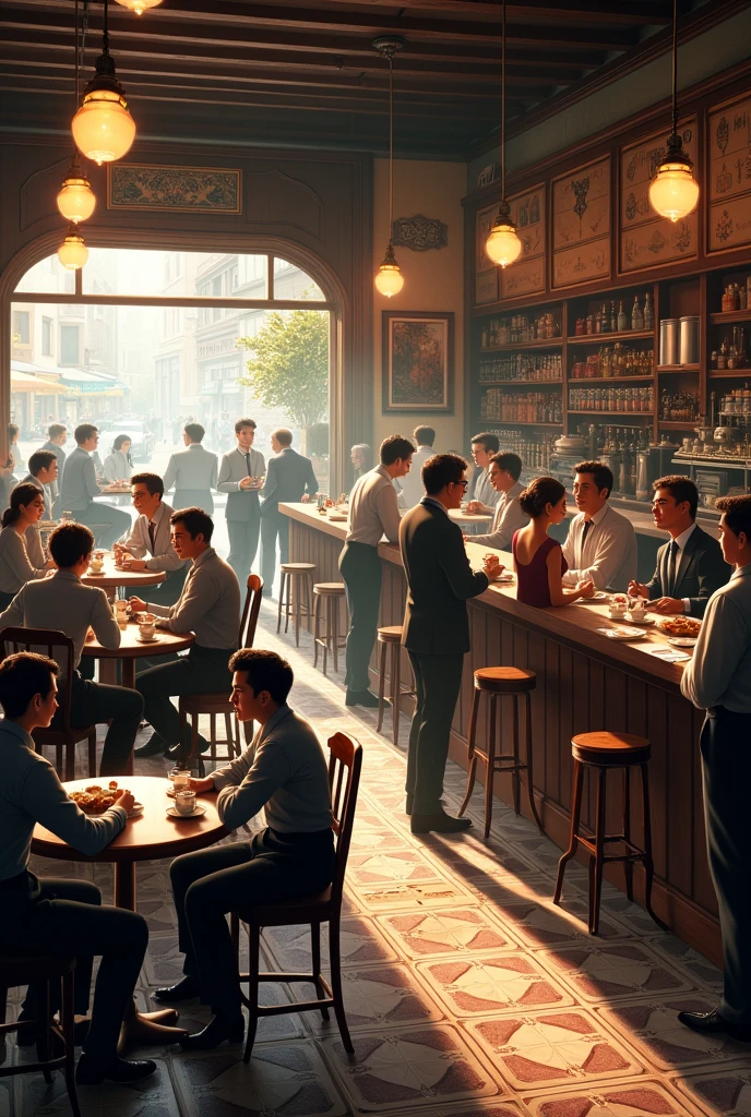 Old-fashioned cafe full of people,Customers are both male and female,There are all kinds of people