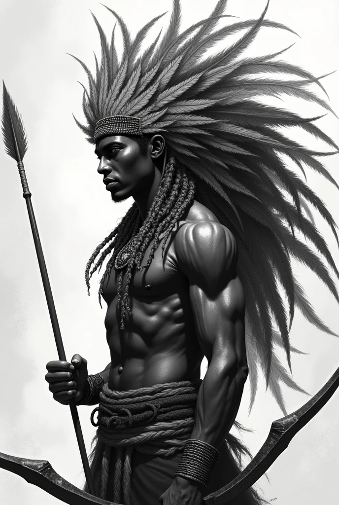 Orisha Oxossi in black and white holding a bow and arrow, with feathers on the head