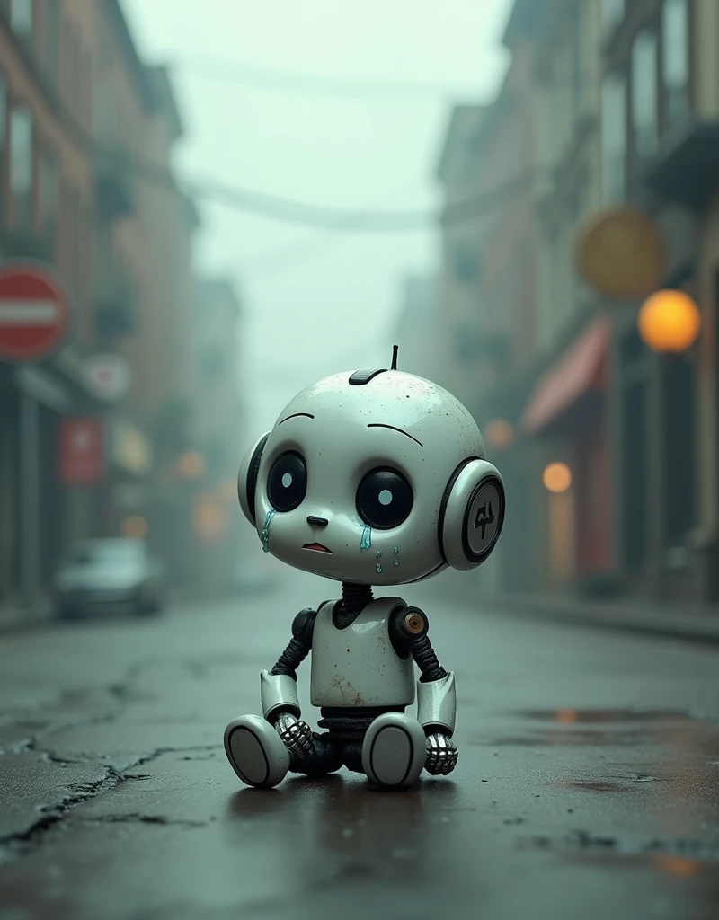 Very cute little robot, sobbing, sitting in the middle of a street, natta, Chove forte, haze, haze