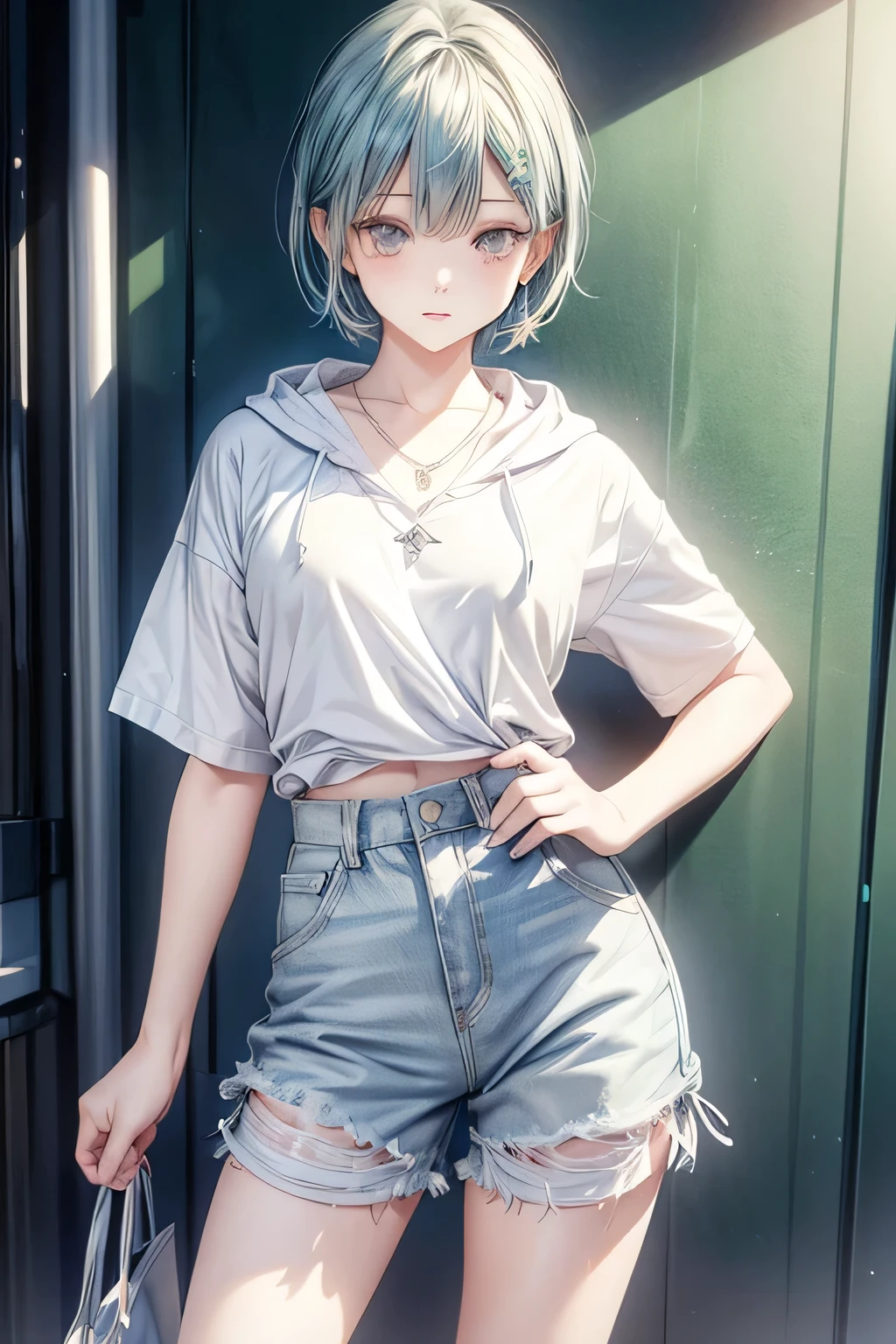 gender：Female length：160cm Measurements：B80 W60 H85 髪の色：Blue hair style：Short bob eye color：Green Clothing：White mini dress、Earrings、necklace、ビーチサンダル gender：Female length：160cm Measurements：B80 W60 H85 髪の色：Dark blue hairstyle：Short bob eye color：Green Clothing：White short sleeve hoodie、Denim shorts