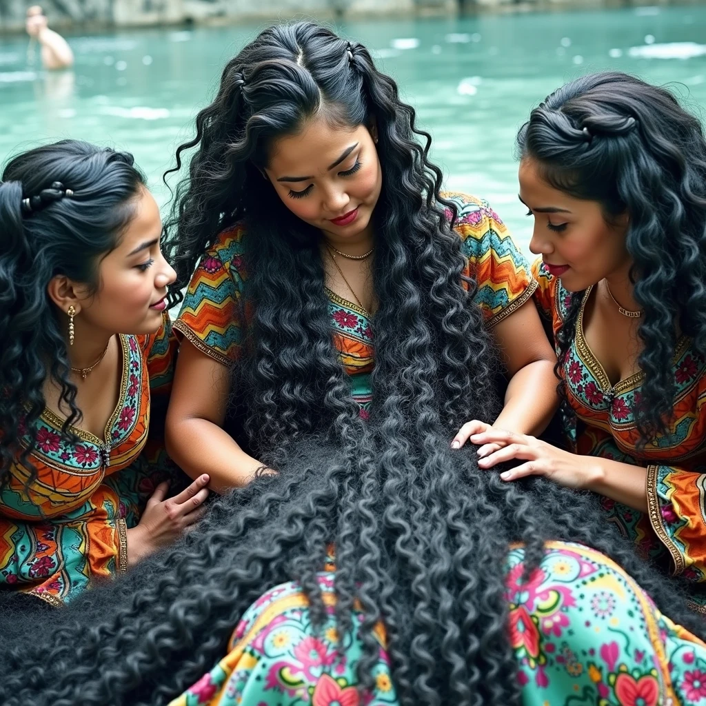 An unusual yet intriguing scene set within the sacred precincts of an ancient mayan office. Three younger,mature,Eldery mexican mayan ladies, adorned in vibrant, traditional mayan dress, stand out against the dark, mystical backdrop. Their unnaturally black, 3C curly hair, reminiscent of coiled springed big straps, draws the eye with its inexplicable sheen and volume. Each strand seems to have been meticulously crafted by an unseen hand, coiled and coiled a million times over until it reaches a state of surreal perfection. The hair appears to have been showered with an unimaginable amount of oil, so much so that it resembles wet pulp, saturated and absorbing the light around them. The kneeled lady in the center, with her hair cascading down her back, is the focal point as her tresses shimmer and reflect like a sea of black mirrors. The other two ladies, their own hair equally as wet and oil-soaked, lean over her from behind. With a playful yet fervent expression, they begin to lick and kiss her scalp, their movements seemingly driven by an unbridled passion. This act of intimate hair worship is both mesmerizing and slightly jarring, as their thick, curly locks, like dark waterfall of springs, bounce and sway with each tender caress. The scene is suffused with an air of strange ritual, as if the very essence of the divine is being invoked through the act of grooming and adoration. Each curl is a testament to the boundless creativity of nature, while the trio's shared experience speaks to a deep-rooted bond of sisterhood and the mysterious powers of feminine unity. The image captures a moment that is at once sensual, spiritual, and eerily beautiful, leaving the viewer to ponder the story behind this peculiar tableau.