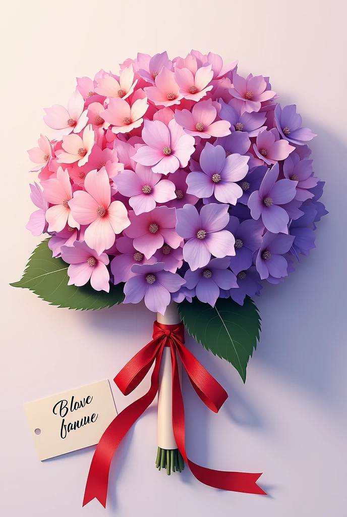 Bouquet of hydrangeas with a note wrapped around the stem held by a red ribbon 