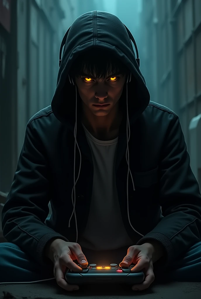 Man with bluetooth headphones, with a gloomy expression, short hair with black coat with hood on head, brunette skin, bright yellow eyes , playing video game