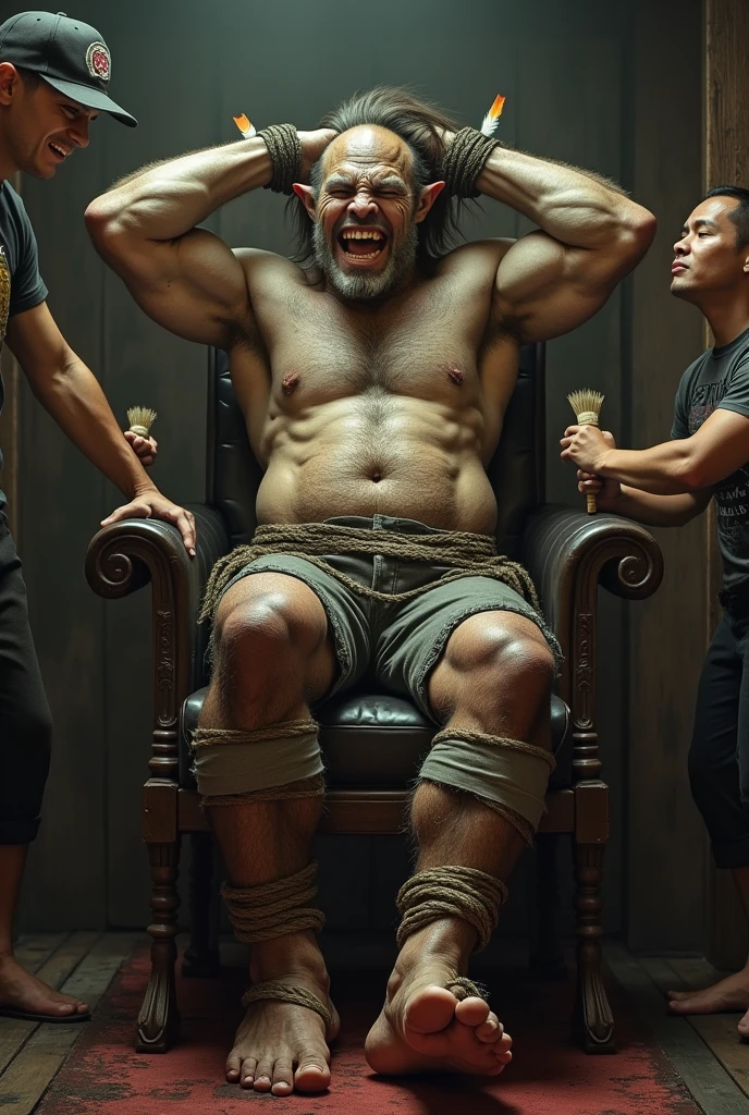 A handsome，The orc with abs is tied to the tickle torture chair，Shoes taken off，Revealing two big bare feet，Both feet are locked in the foot，Feet raised，Keep your feet elevated，The soles of your feet should face the screen，Soles facing forward，Five toes tied with rope in foot，His hands were tied tightly to the chair.，Raise both hands above your head，Exposing the arm socket，His upper body was stripped，Wearing only a pair of trousers，Being tickled by a man in a cap，His armpits were constantly tickled by feathers.，The soles of his feet were being scratched by two brushes.，The toes are also tickled by the feathers growing from the toes.。The abdomen is scratched with a brush，And he laughed（Have an expression of laughing like being tickled，Keep your feet elevated，Raise both hands above your head，Exposing the arm socket，The soles of your feet should face the screen）