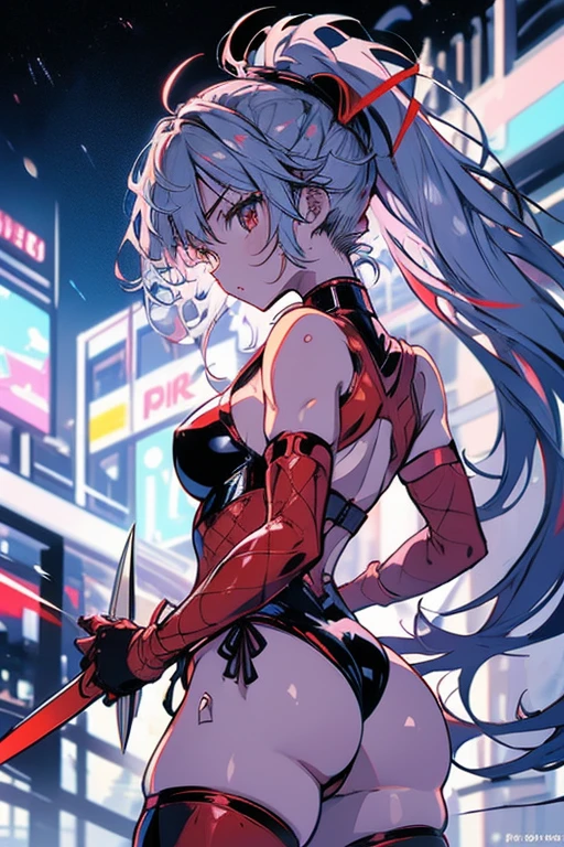 A scene of a female ninja wearing fishnet stockings and a red leotard standing on the roof of a building at night, Silver hair in a ponytail, He has a kunai in his hand., large breasts, Beautiful composition, Complementary Color, masterpiece, Awards