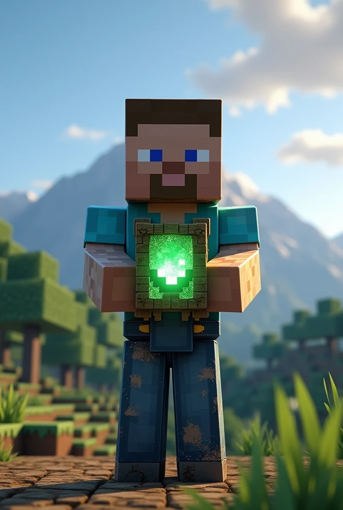 Minecraft steve holding totem of undying 
in his arms