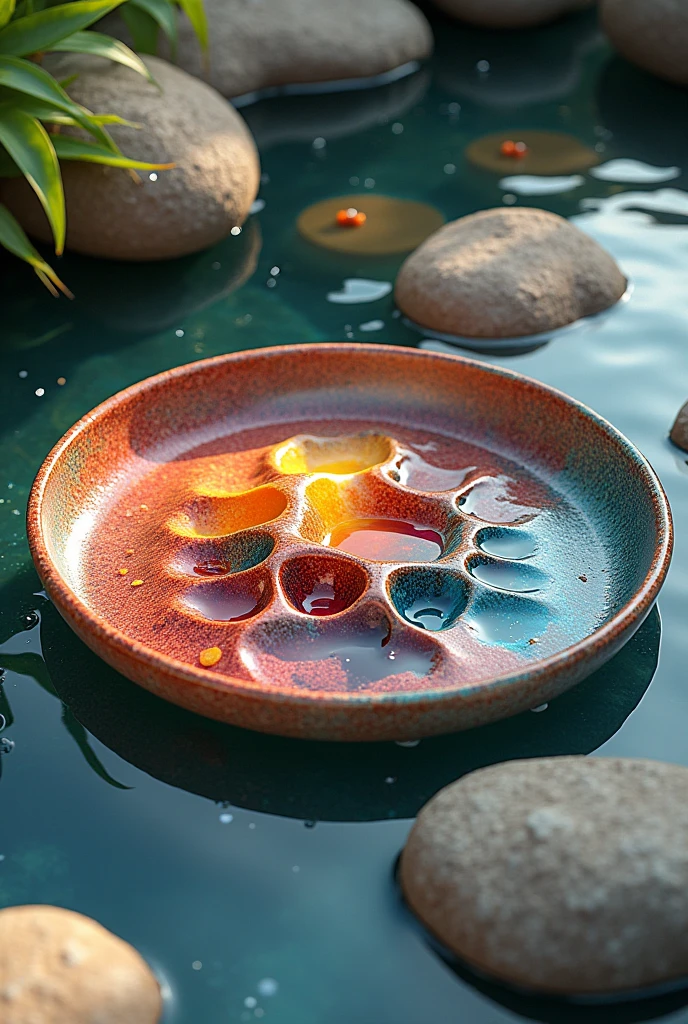 ceramic art works, layers of random colors, complex and random shapes, shiny, floating on the water, pebbles, water plants, shadows, contrast, conceptual installation art, (ultra detailed, absolutely resolution, best quality:1.3), 2.5D, delicate and dynamic, lighting effects, artistic photography, hyper realistic, graphic CG digital art
