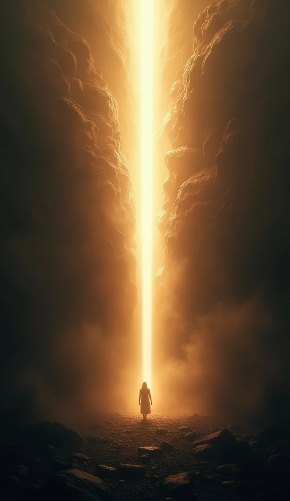 Scene 1: The Creation of Light (Journey 1)
- A vast space of infinite darkness is torn apart by a powerful beam of divine light that spreads, dividing the darkness. The light shines brightly, lighting half the scene, while the other half remains in the shadows. The environment should convey a sense of grandeur and supernatural power..
