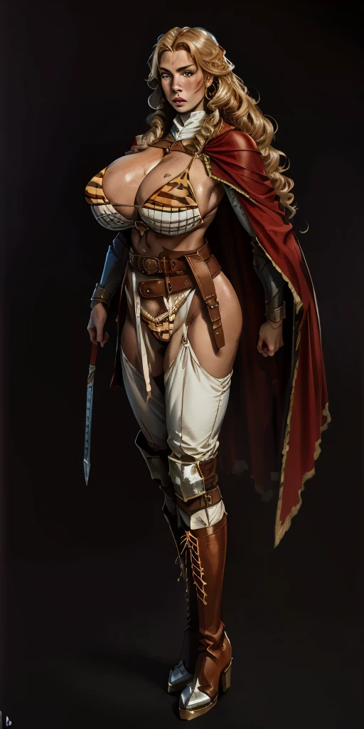 (masterpiece, best quality) (black background) full body standind straight symmetrical, FEMALE warrior princess Mercedez Von Martritz, twin big belt around waist, long curly blonde hair, very white skin, female wearing full body bikini armor with red cape, brown leather boots, adventurer outfit, veteran warrior milf bimbo