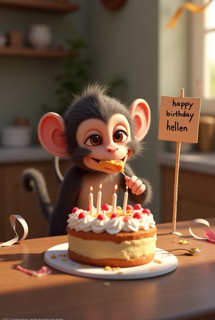 Realistic little monkey eating birthday cake with a sign that says "HAPPY BIRTHDAY HELLEN"