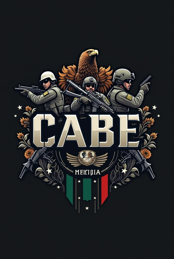 Using the reference image, In the middle write CABE with the same letter design as the reference image but thicker, Make it as similar as possible to the reference image., Use figures related to tactical security, police and military with three slightly thick lines next to each other green, white and red the three below the letters and above the Mexican eagle