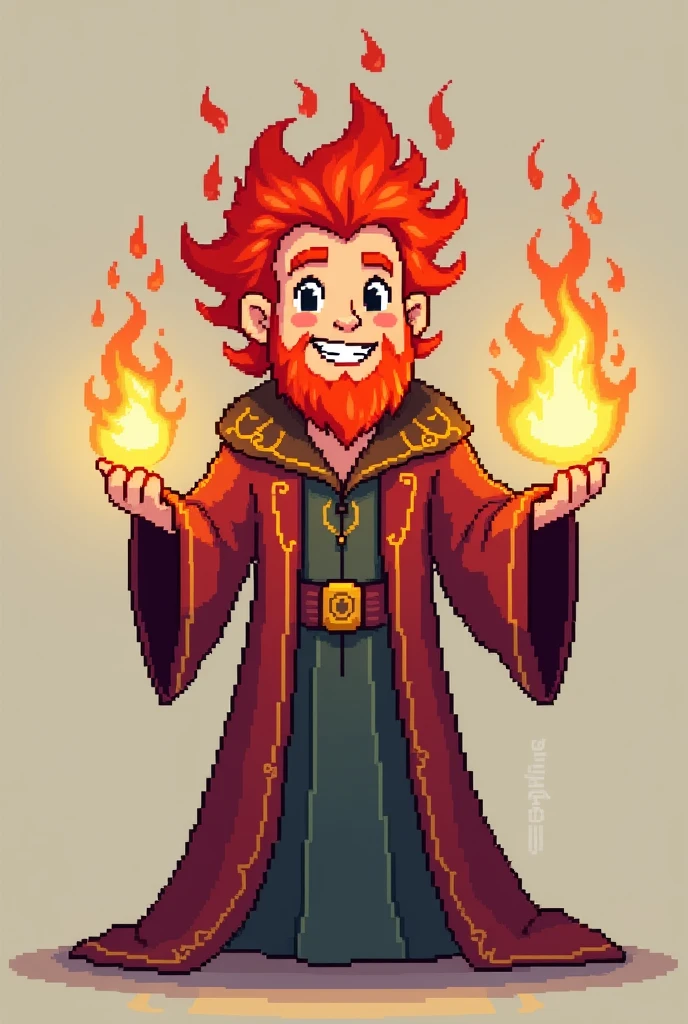 Pixel style drawing of a smiling fire wizard