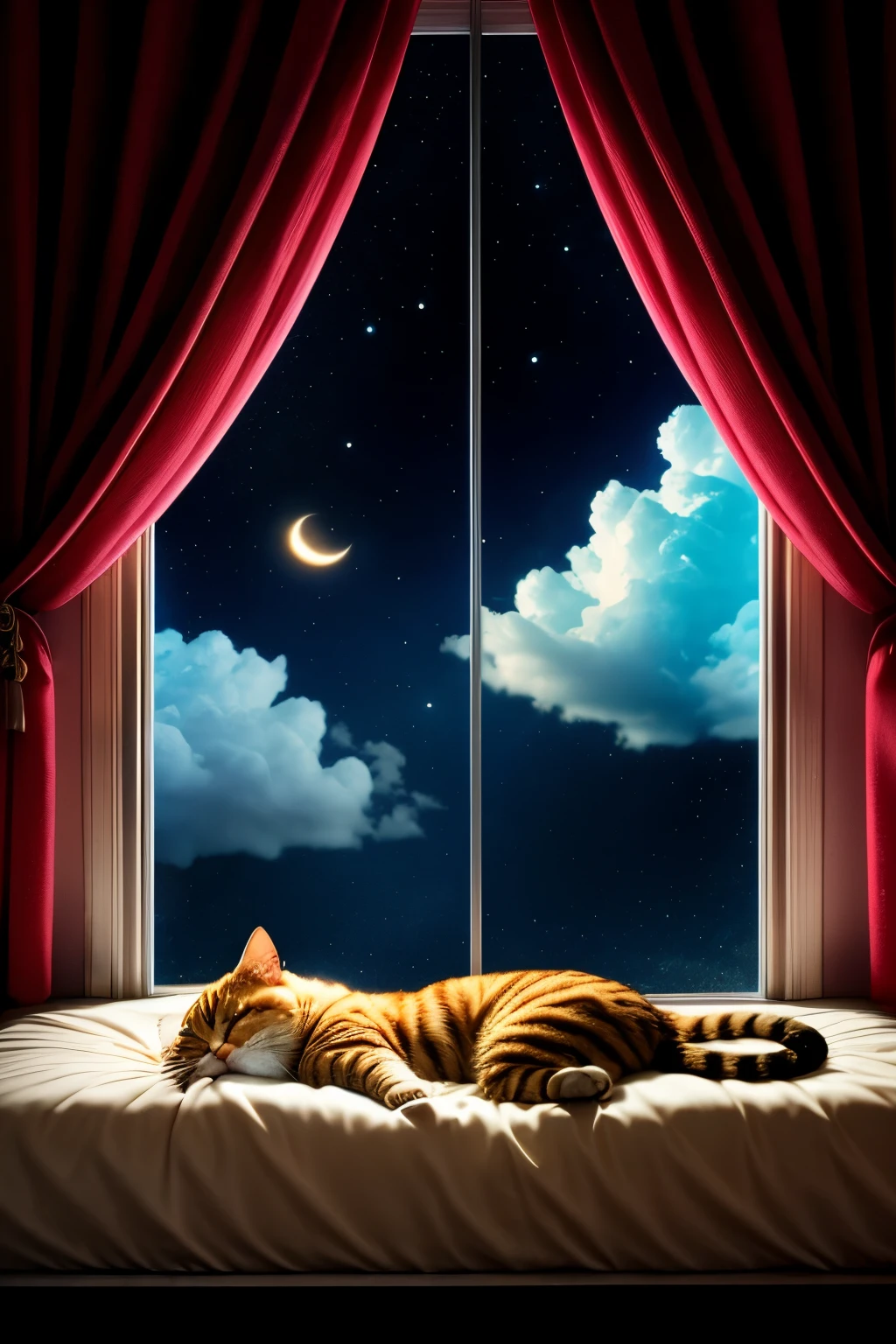 Cat sleeping on a cloud　bed　Next to the window　night　curtain　