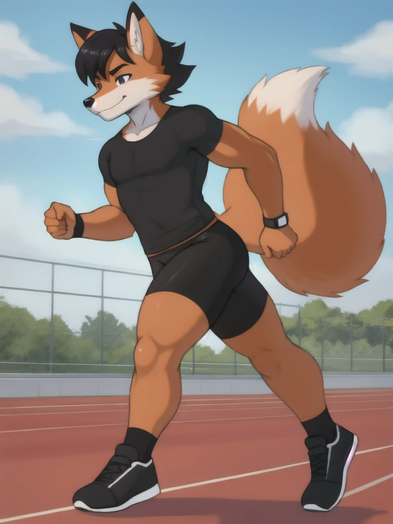 Furry, fox, male, black shirt, black spandex bike shorts, shoes, running track, solo, full body
