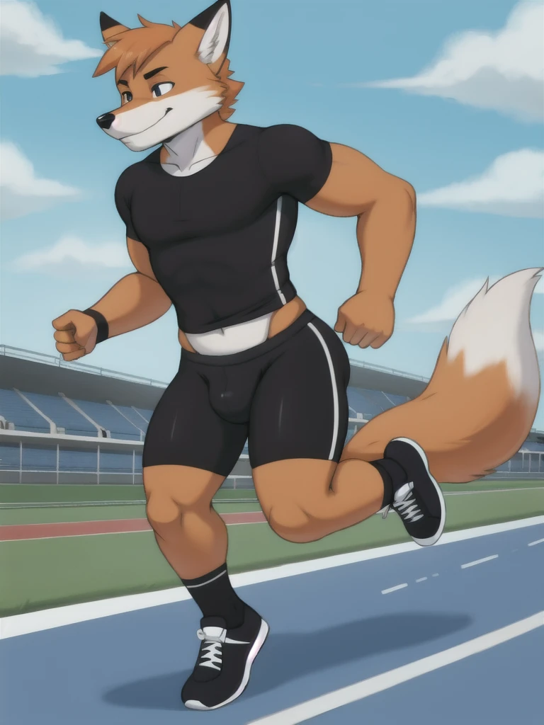 Furry, fox, male, black shirt, black spandex bike shorts, shoes, running track, solo, full body