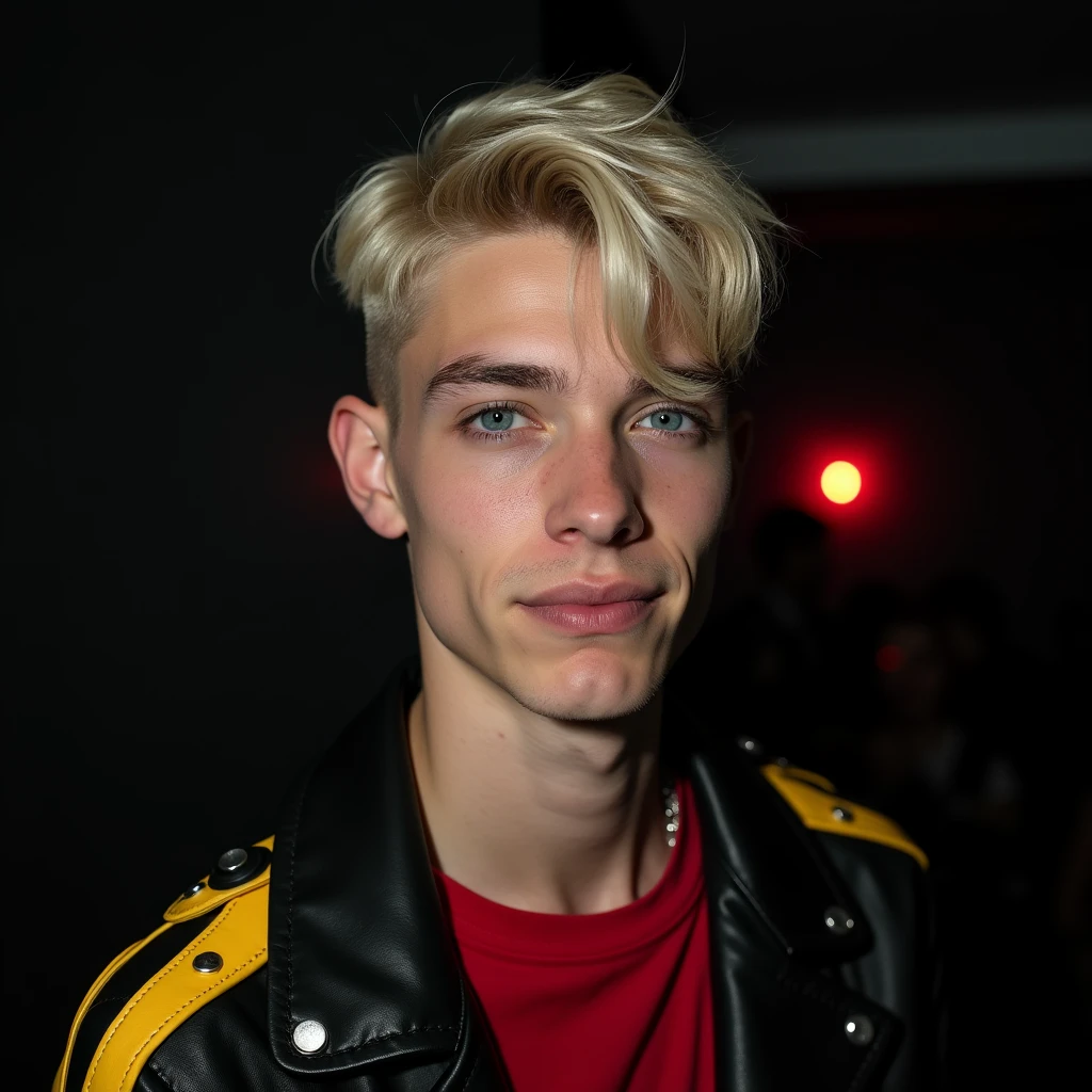 photograph head shot, attractive 22 year-old male model, crew cut platinum blond layered side swept bangs hair, vibrant blue eyes, teen face, skinny svelte body, dominant smirking expression, almond shaped eyes, very pale skin tone, black leather jacket with yellow accents on shoulders, red shirt, inside private BDSM club alone, low lighting, cinematic, foreboding