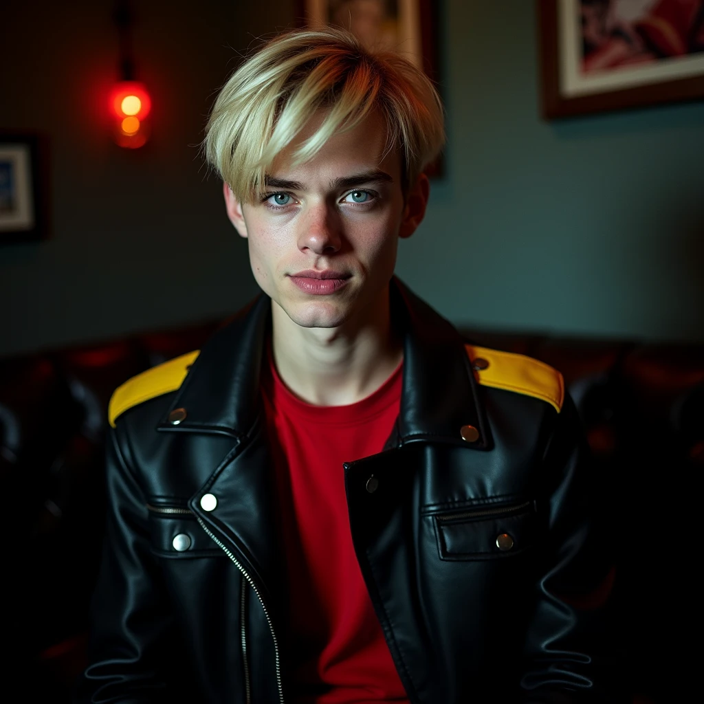 photograph head shot, attractive 22 year-old male model, crew cut platinum blond layered side swept bangs hair, vibrant blue eyes, teen face, skinny svelte body, dominant smirking expression, almond shaped eyes, very pale skin tone, black leather jacket with yellow accents on shoulders, red shirt, inside private BDSM club alone, low lighting, cinematic, foreboding