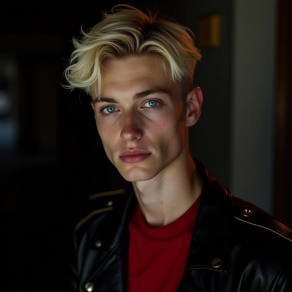 photograph head shot, attractive 22 year-old male model, crew cut platinum blond layered side swept bangs hair, vibrant blue eyes, teen face, skinny svelte body, dominant smirking expression, almond shaped eyes, very pale skin tone, black leather jacket with yellow accents on shoulders, red shirt, inside private BDSM club alone, low lighting, cinematic, foreboding