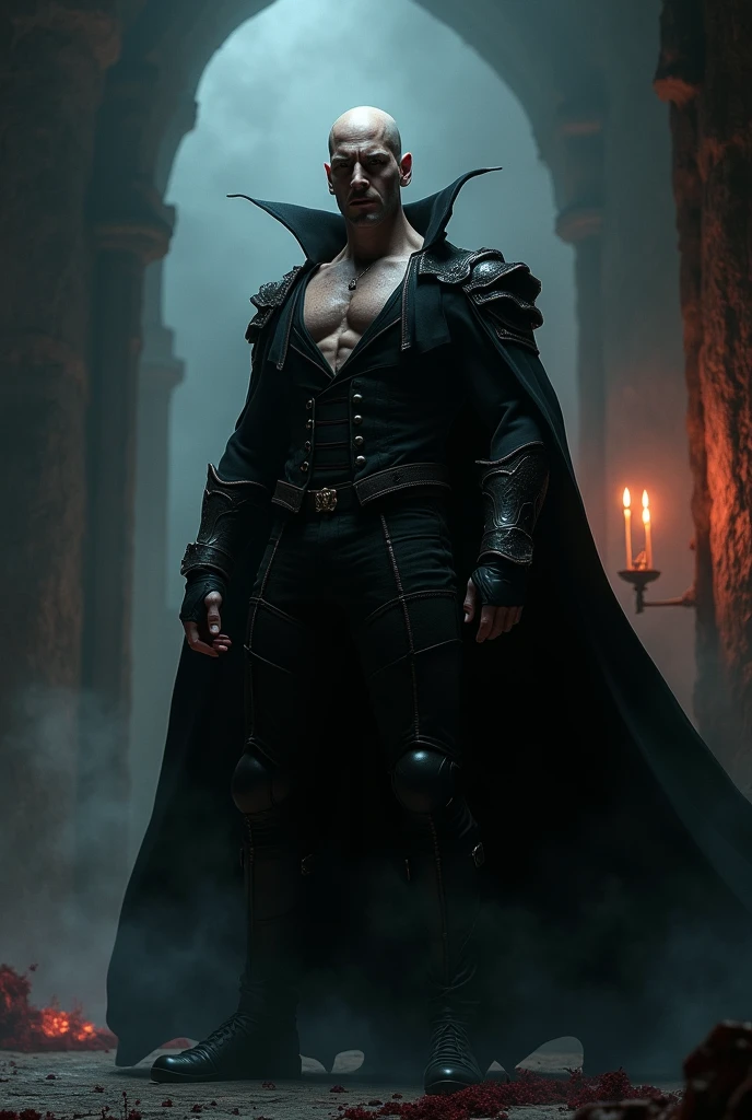 Dracula with a tall shaved head, in his surroundings, with clothes that he wears as he likes, covering his entire muscular body