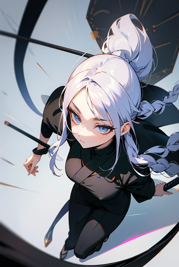 tall woman, Black blue kimono suit with a high collar that has an eye and swirl symbol, loose pants , blue eyes, White hair, long white eyelashes, turtle neck(( 12cm heels)) tall black, Curvy body, dark round cravings, Long hair, with braids, ((naginata weapon)) Japanese anime style drawing, High details, quality, textured skin, from one side,from above, sitting on a grass
