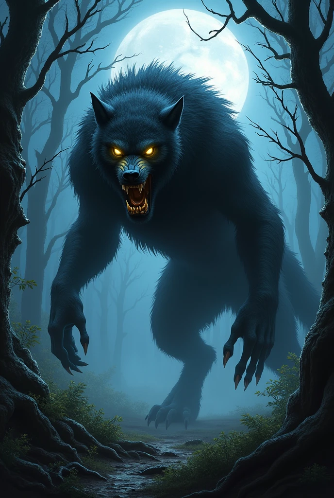 "A ferocious werewolf prowling through a dense, moonlit forest. The creature stands on two legs, towering over the undergrowth, its muscular body covered in thick, dark fur. Its glowing yellow eyes shine with a predatory gleam, and its sharp, elongated claws are ready to strike. The werewolf's snarling mouth reveals rows of razor-sharp teeth as it lets out a bone-chilling howl that echoes through the trees. The surrounding forest is dark and eerie, with twisted branches and mist clinging to the 