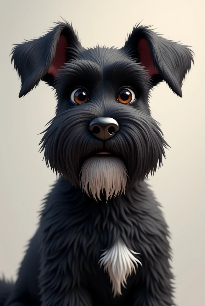 Black furry snauzer dog with a hairy face named ponky who has a big nose, but it has medium sized drooping ears NOT STOOD UP AND A BEARD on the chest with some white hair and on the ears too