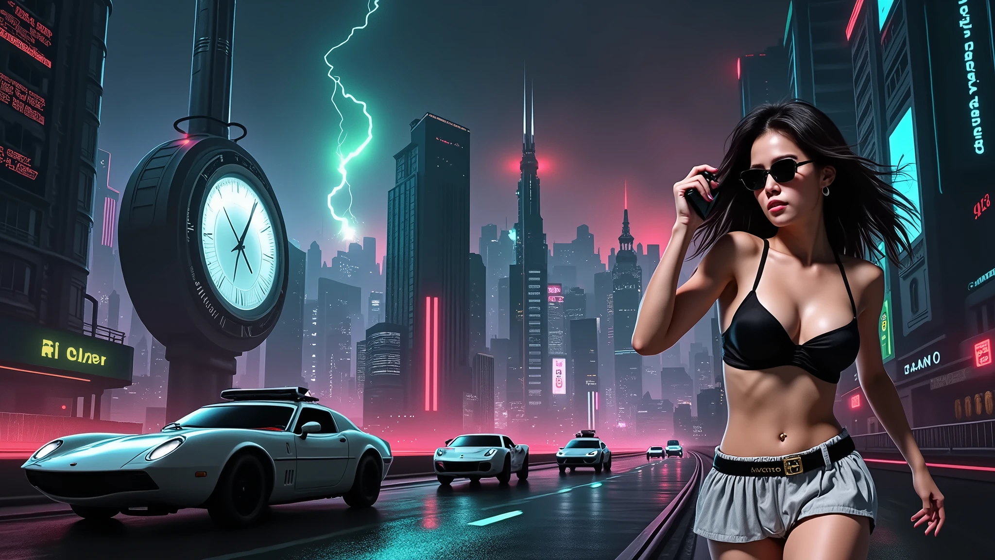 (Wide angle aerial view). At night, simple outlined cyberpunk city, flying cars, all-glass buildings, glowing giant clock tower, lightning, line art background. High-resolution OLED GUI interfaces in the building, The windows are filled with transparent data visualization infographics that show it all, very close-up green glowing cascading code. Colors are saturated and vibrant. At night, (1girl, solo, alone), photorealistic, large-breast slim:0.6 body, oval:0.5 face, black mini bra, cleavage:1.1, deep-v, very low angle view of black pleated miniskirt, white panty, (upskirt), glove, (Matrix style black micro sunglasses), (aiming viewer with a short gun), dynamic running pose, (half-body thigh level close-up shot), cinematic lighting, ray tracing, motion blur background.