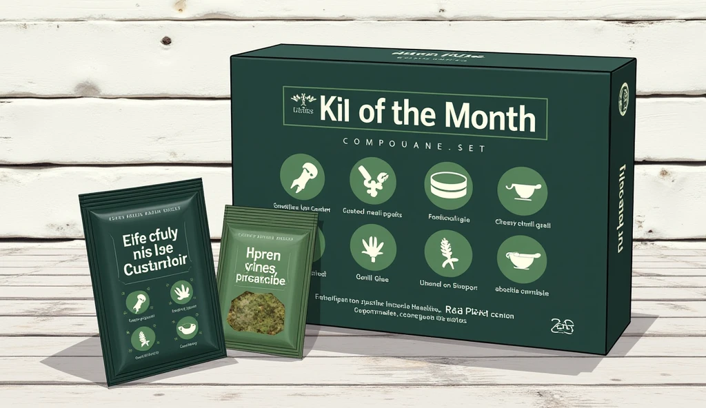 The illustration shows a promotional set for the Kit of the Month from a company called LuxePierce Here's a detailed description:

Box design: The box is dark green with white and light green text and graphics Includes icons representing different preparation methods, such as weed, smoke, filter, and scraper
Contents: Inside the box, there are three packages of Weed:
Main Weed: A larger silver package labeled as Main Weed, indicating that it is the top pick of the month
Additional Mixes: Two smaller black packets labeled Gorilla Glue and Red Velted, suggesting that they are additional mixes offered in the set
Presentation: The box is neatly arranged on a wooden surface with white planks, giving it a rustic and attractive look