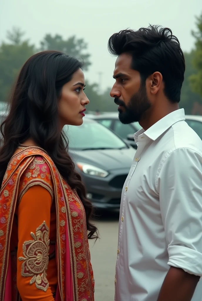 Indian women in Punjabi suit having quarell with a calm Indian man with white tucked in shirt at office parking lot