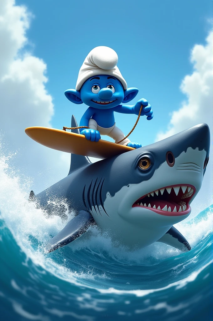 smurf surfing on top of a shark